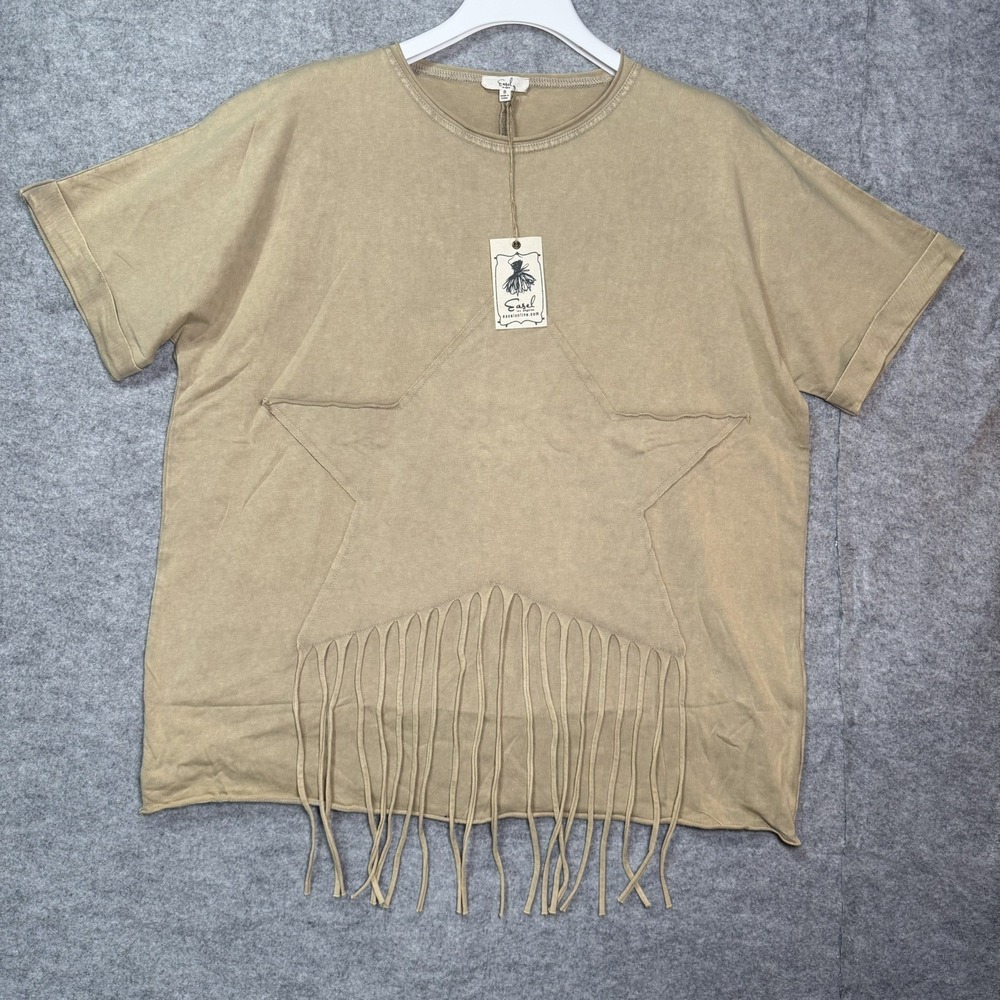 Easel Star Fringed Western Size S 100% Cotton Tee Mineral Wash Oversized Beige